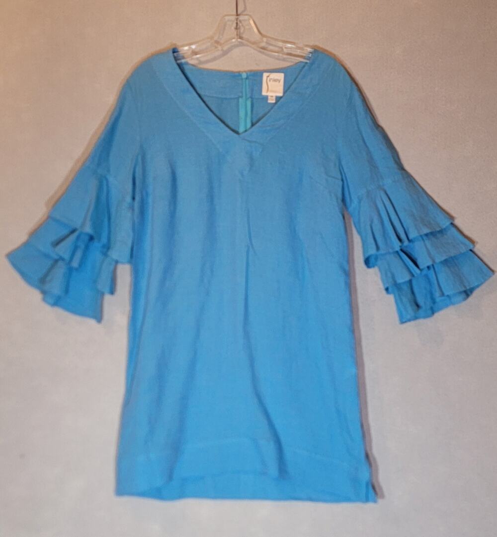 Finley Tiered Ruffle Bell Sleeve 100% Linen Shift Dress Vibrant Blue XS USA Made